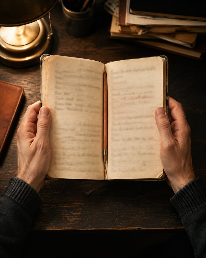 Twee handen die een oud notitieboekje met onleesbaar handschrift openhouden bij lamplicht